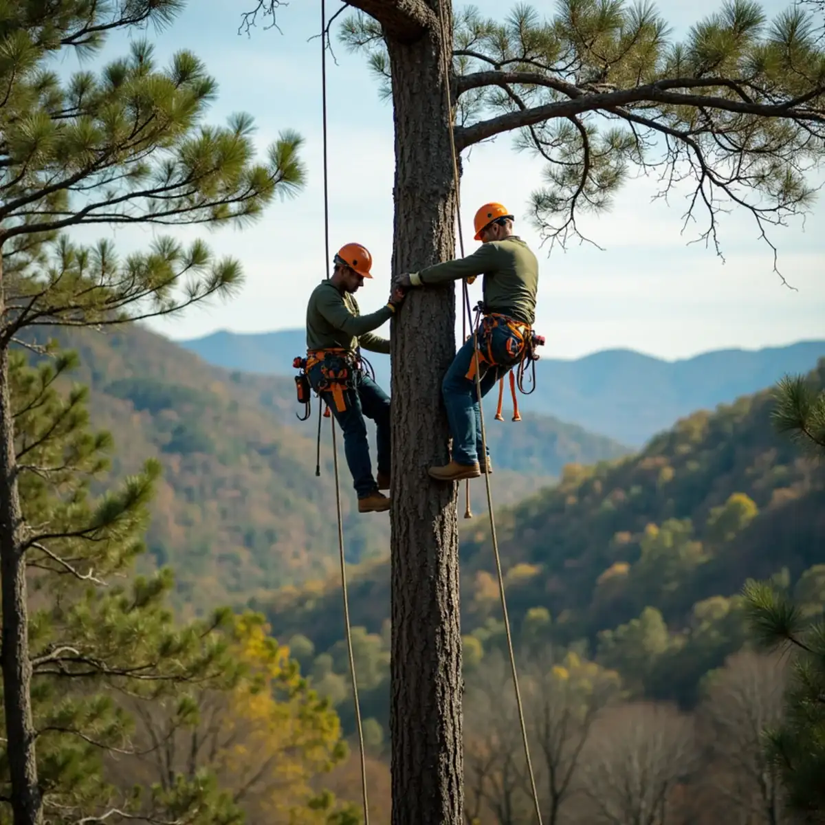 Contract climber ascending a tall foothill tree by rope in Upstate SC