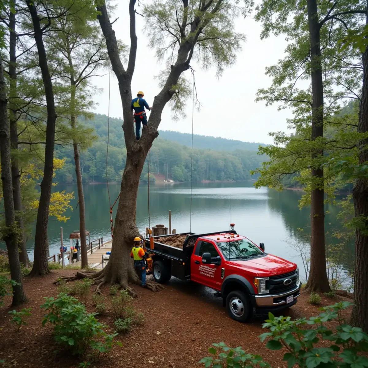 Tree fallen across a lake dock being documented for an insurance claim in SC