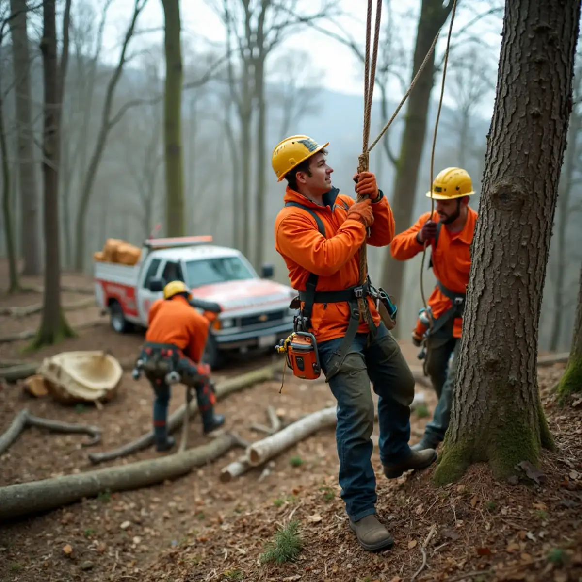 Controlled rope lowering of tree sections on a steep Blue Ridge slope in SC