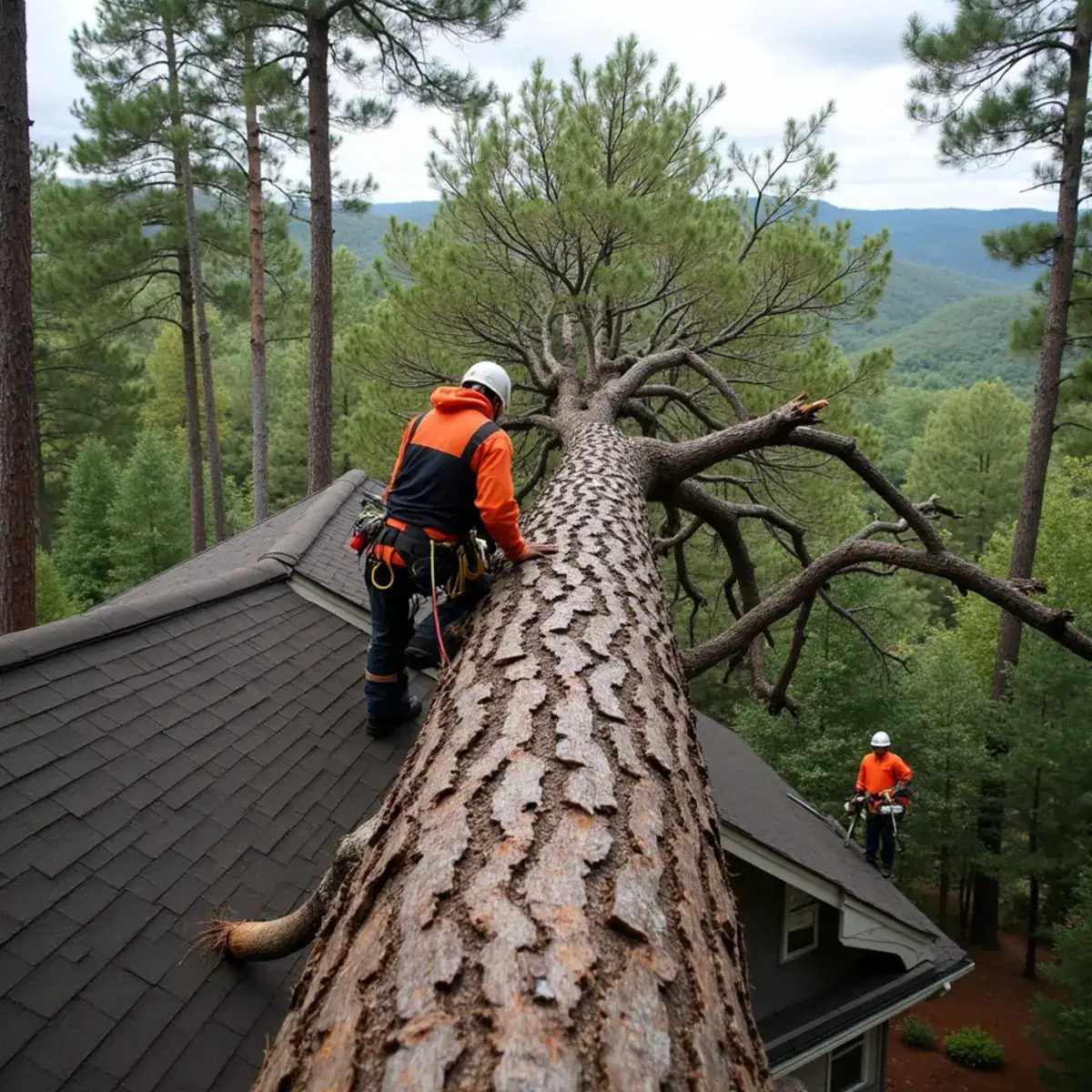Storm-fallen pine tree resting on a Lake Keowee area home roof in SC