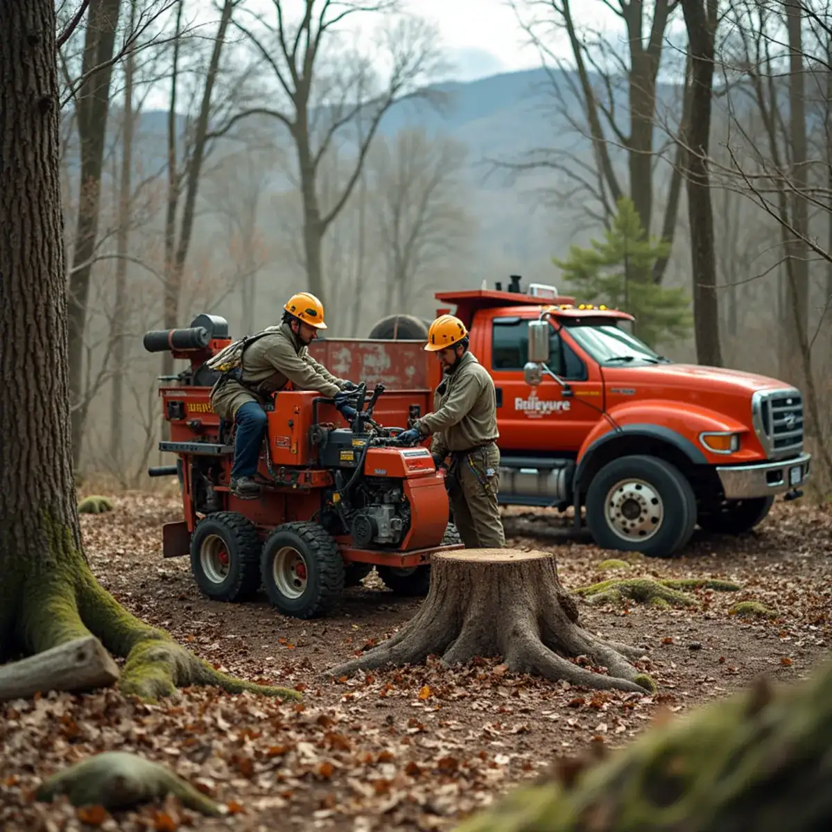 Stump grinder working rocky foothill terrain in Upstate SC