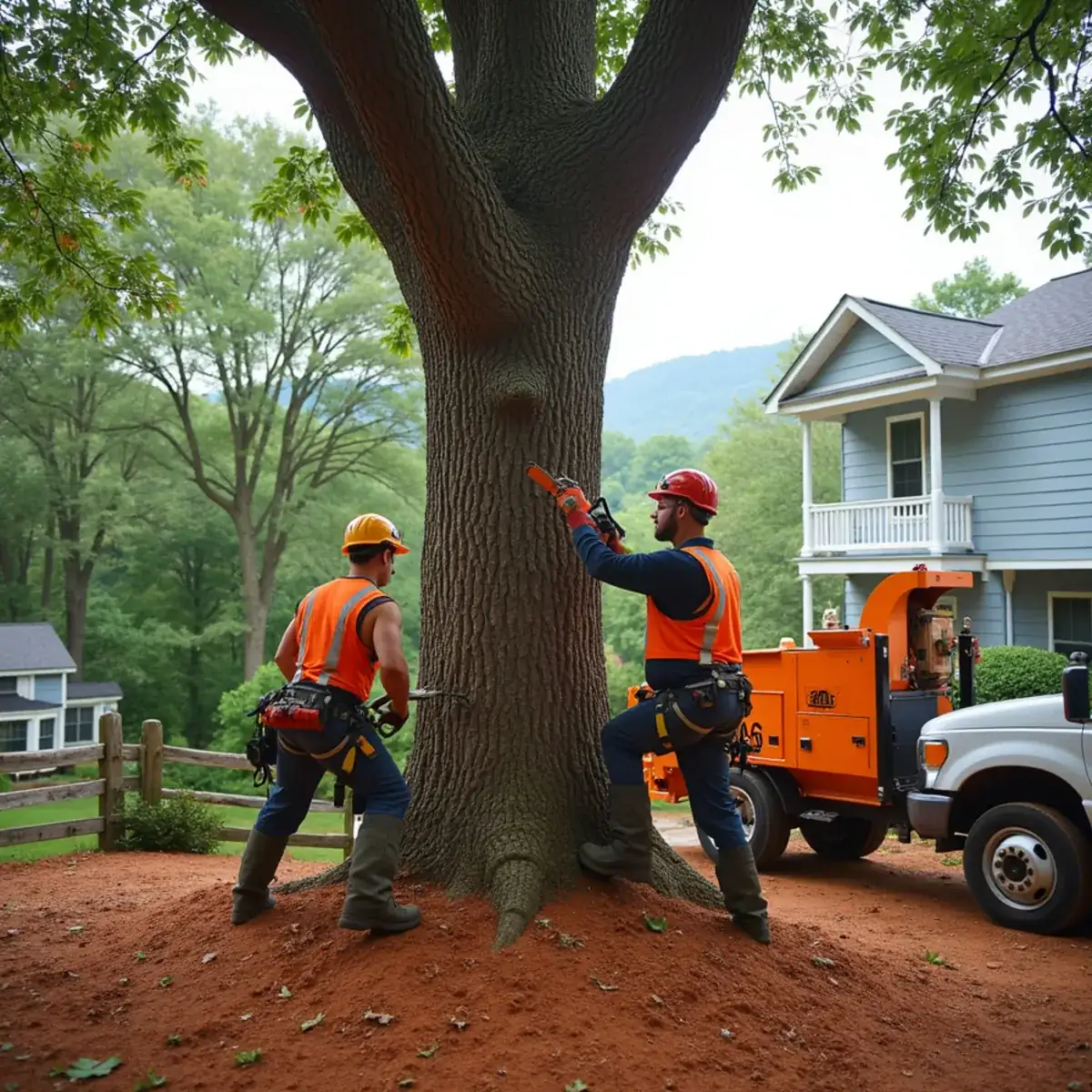 Mature tree growing close to a home foundation in Upstate SC red clay