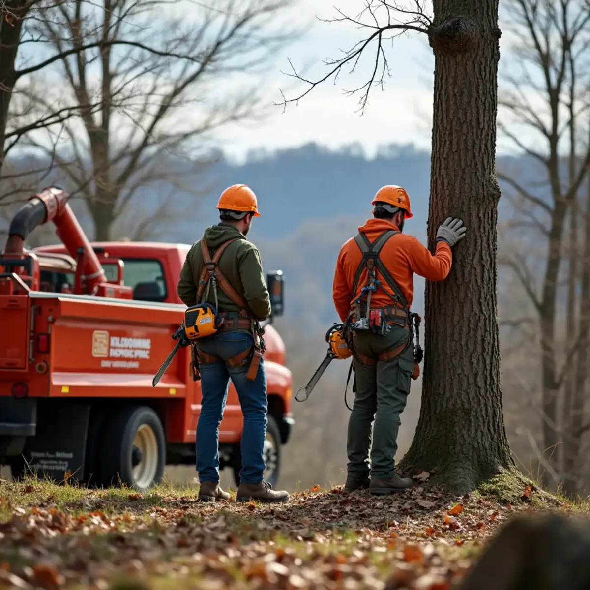 Homeowner and arborist inspecting trees before winter in Upstate SC