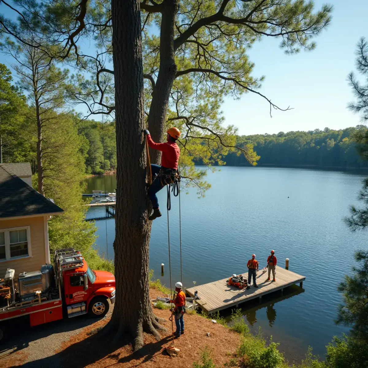 Rig Line climber setting rigging high in a tall pine over a Westminster SC roof