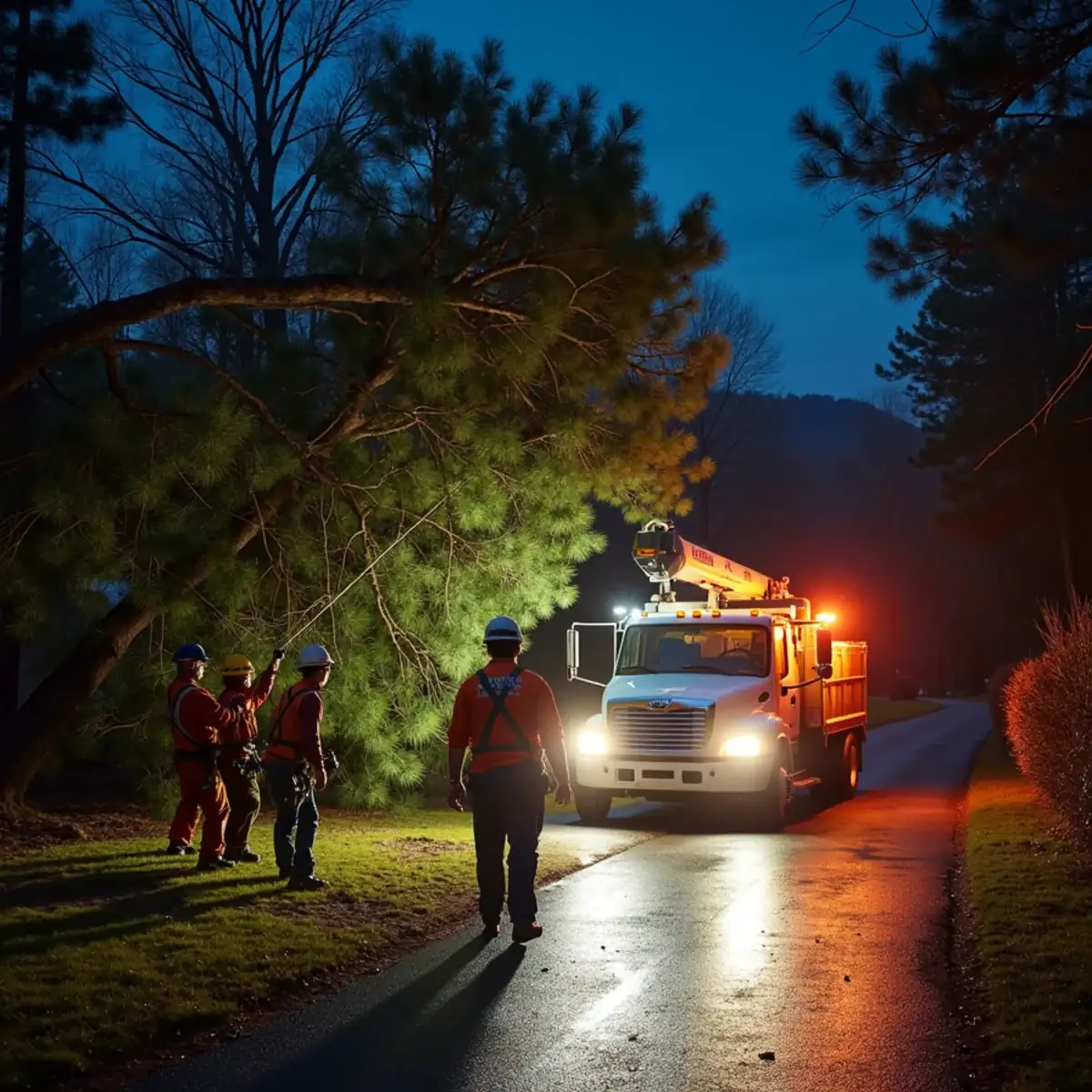 Rig Line crew clearing a storm-fallen tree at night in Westminster SC