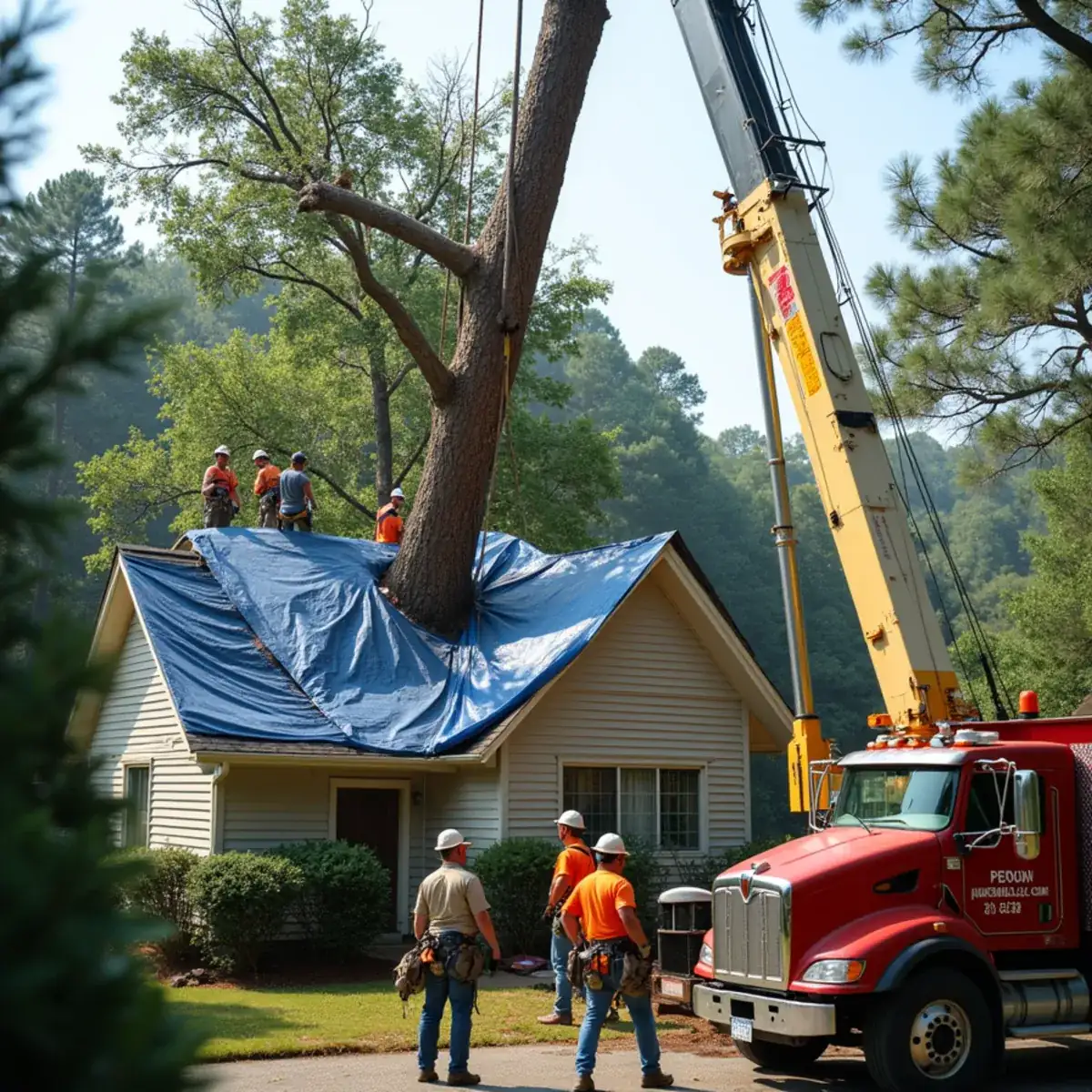 Crane lifting a fallen tree off a damaged roof in Westminster SC