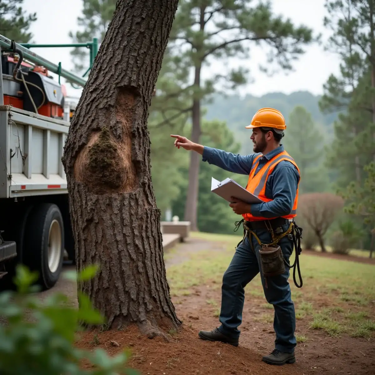 Arborist inspecting a leaning hazardous pine in Westminster SC