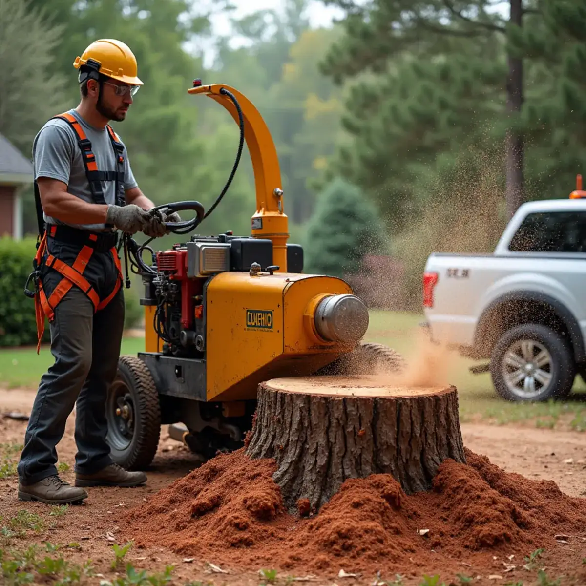 Stump grinder clearing a hardwood stump in a Westminster SC yard