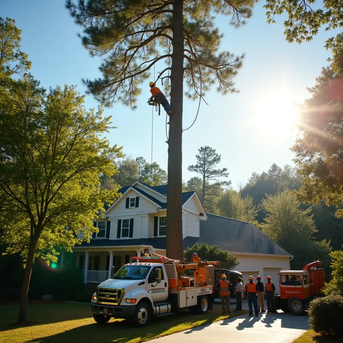 Rig Line climber removing a large pine tree over a Westminster SC home