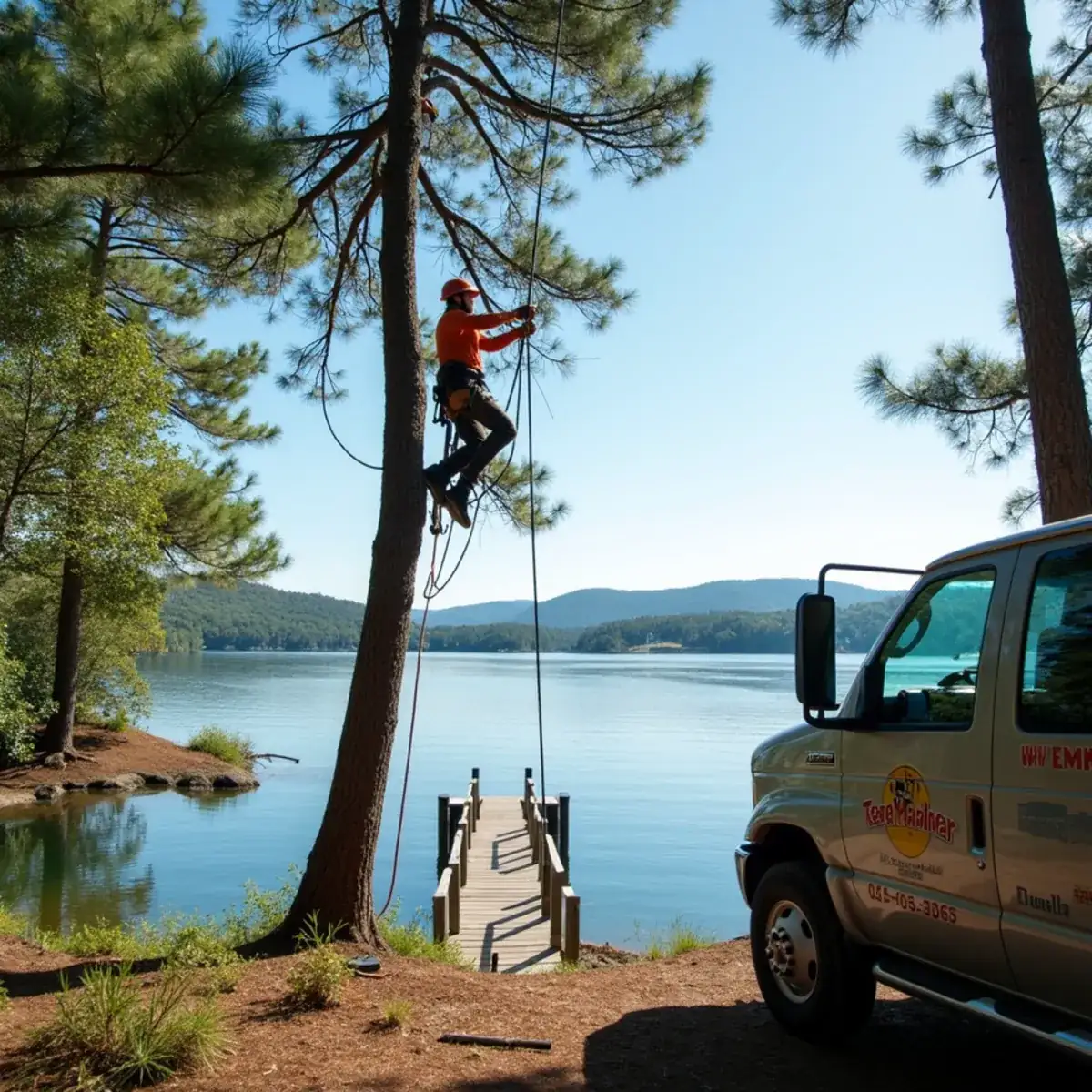 Climber trimming a shoreline pine above a Lake Keowee dock in SC